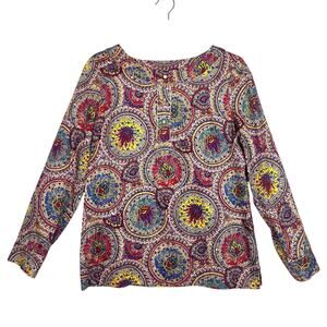 Talbots 8 Top Medallions Gold Button Henley Pullover Long Sleeve Boho Blouse